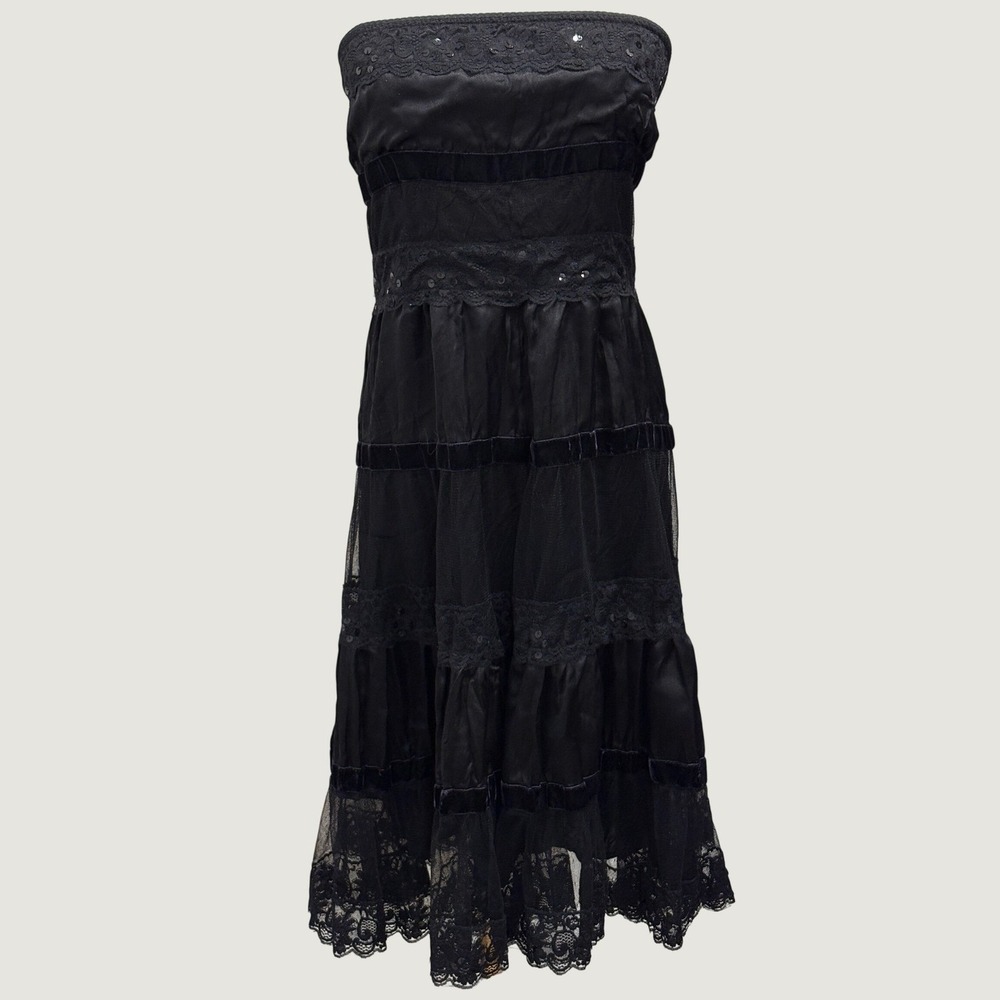 Y2K Two of Us Black Strapless Lace Velvet Tiered Midi Dress Fairy Whimsigoth L